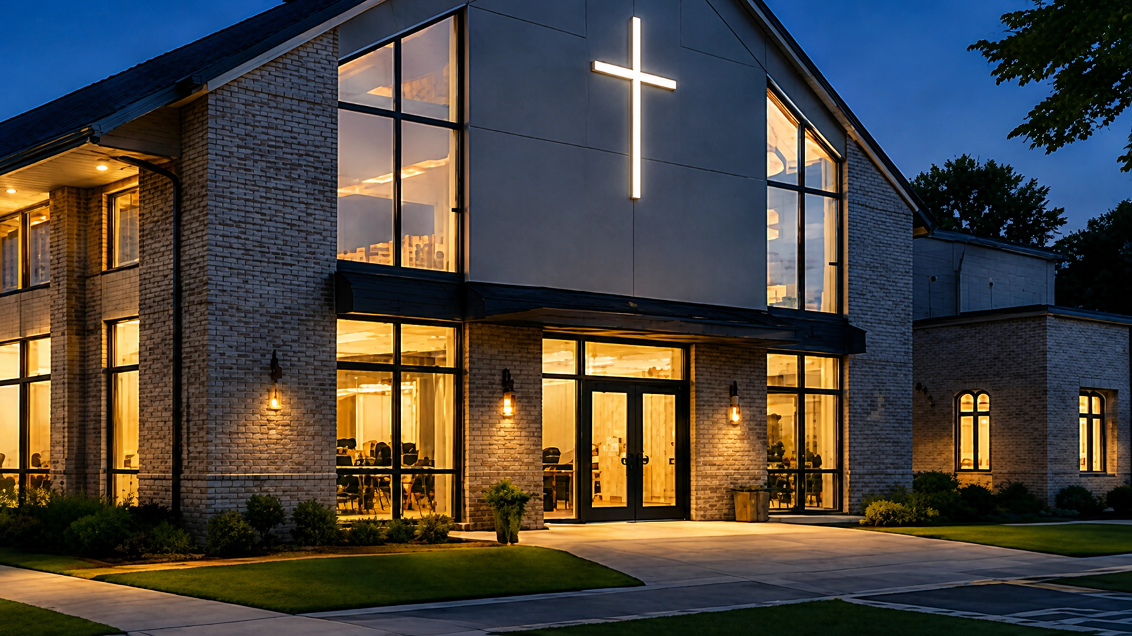 Modern church with an illuminated cross and warm windows at dusk