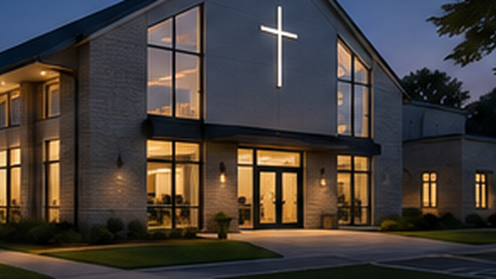 Modern church building illuminated at dusk