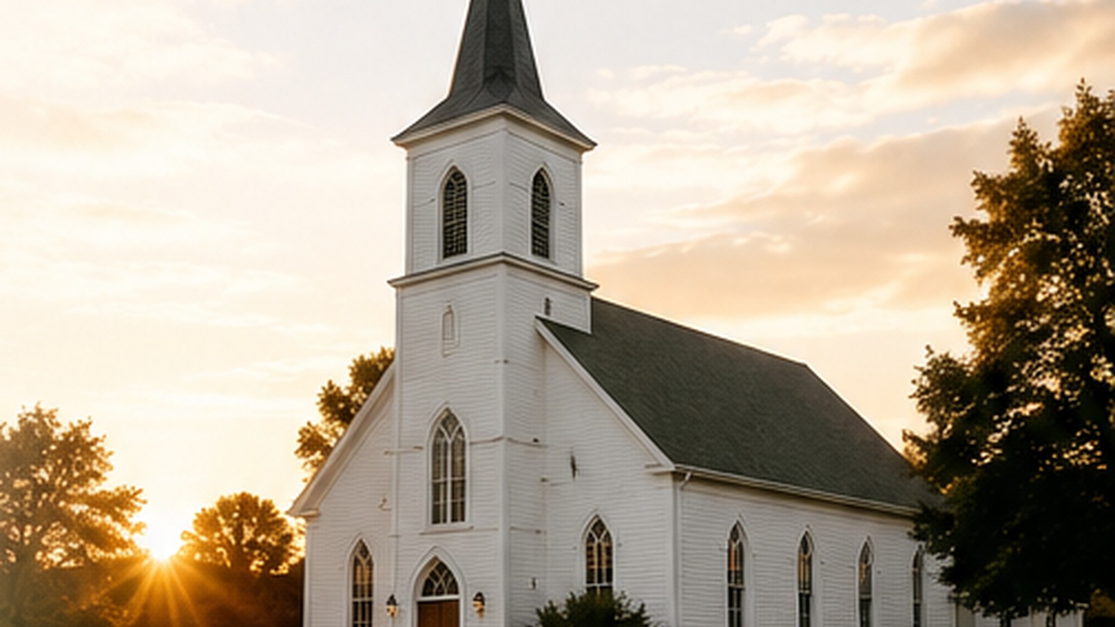 Traditional white church in warm evening light