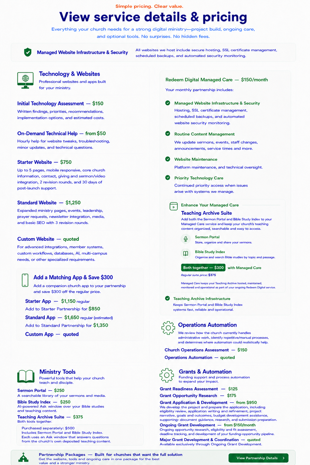 Redeem Digital service details and pricing, including websites, support, managed care, ministry tools, grants and partnership packages.